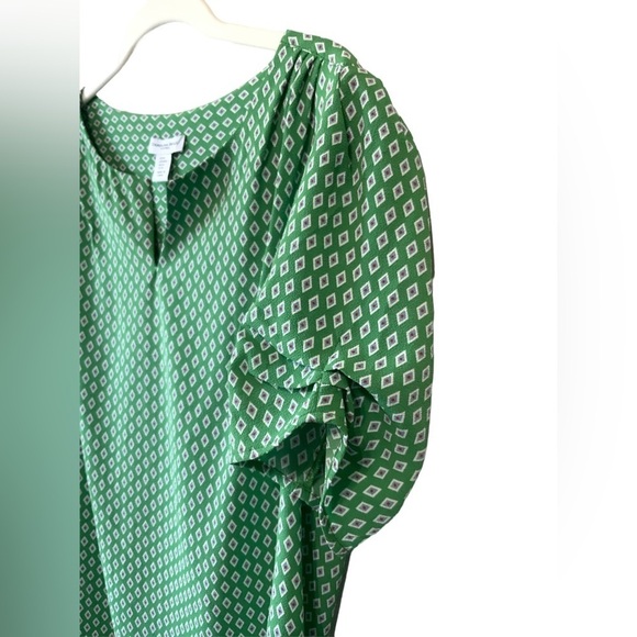 Carolina Belle‎ Green White Blouse Side Ruched Puff Sleeves Top - Medium - Picture 3 of 5